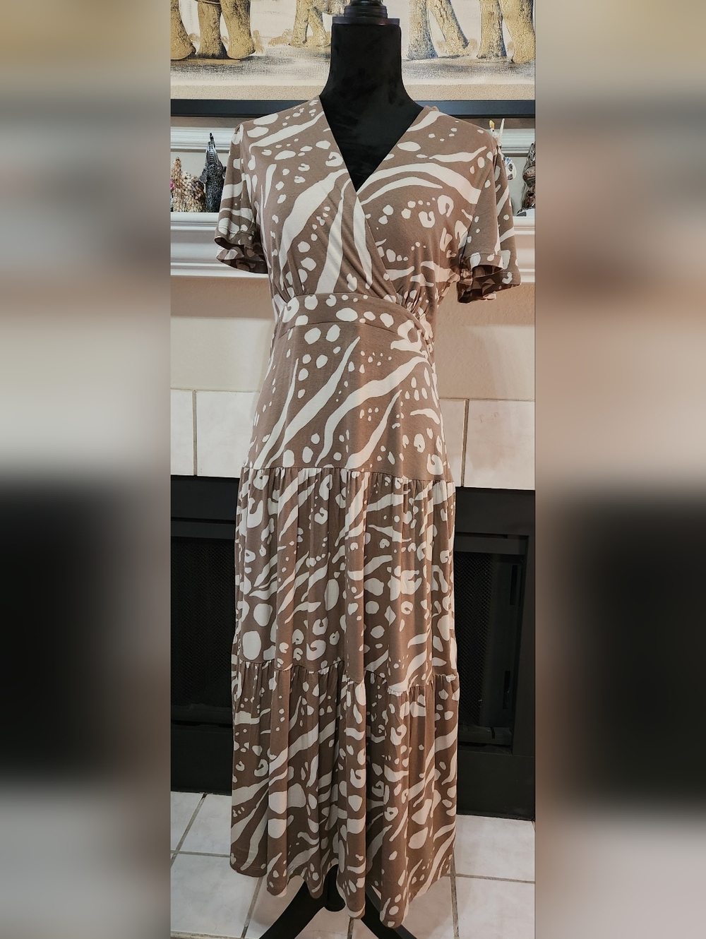 CAbi Swoon Dress Taupe & Ivort Animal Printed Cut-out Back Tiered Midi Dress